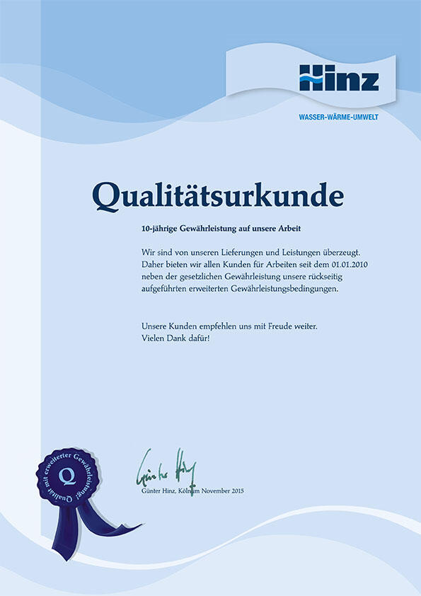 Die Qualitäts-Selbstverpflichtung der Helmut Hinz GmbH & Co., Köln | Hinz - Fachbetrieb für Sanitär- und Heizungstechnik in Köln