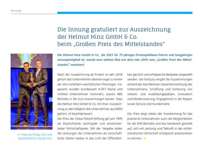 Die Innung gratuliert zur Auszeichnung der Helmut Hinz GmbH & Co. beim „Großen Preis des Mittelstandes“